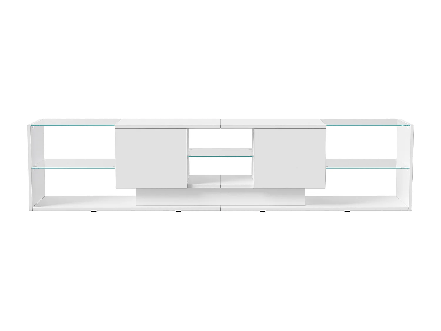 Meuble TV LED, Meuble TV Blanc Brillante, Armoire De Télévision avec 2 Tiroirs, Étagères Ouvertes en Verre, Meuble Tele, 200x35x45cm