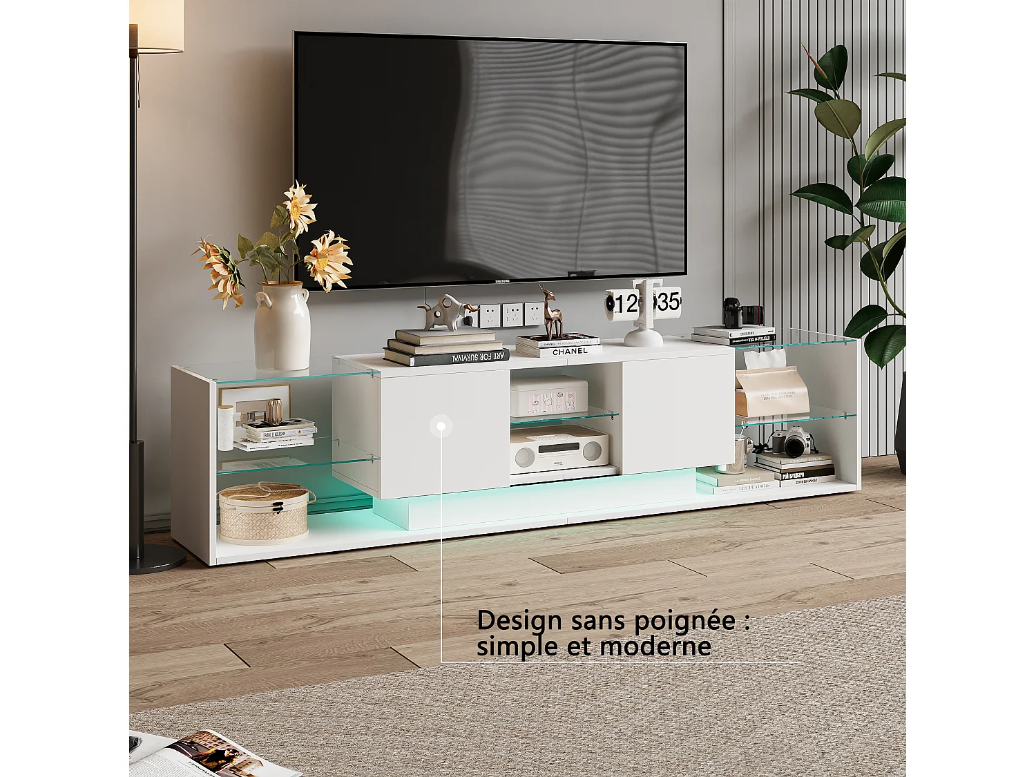 Meuble TV LED, Meuble TV Blanc Brillante, Armoire De Télévision avec 2 Tiroirs, Étagères Ouvertes en Verre, Meuble Tele, 200x35x45cm