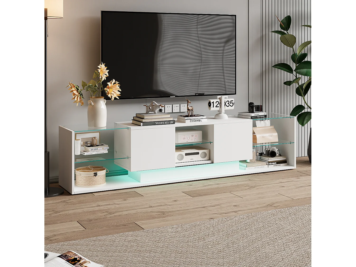 Meuble TV LED, Meuble TV Blanc Brillante, Armoire De Télévision avec 2 Tiroirs, Étagères Ouvertes en Verre, Meuble Tele, 200x35x45cm