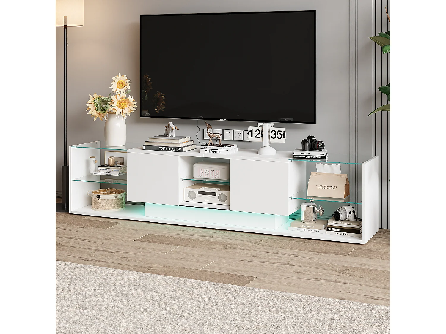 Meuble TV LED, Meuble TV Blanc Brillante, Armoire De Télévision avec 2 Tiroirs, Étagères Ouvertes en Verre, Meuble Tele, 200x35x45cm
