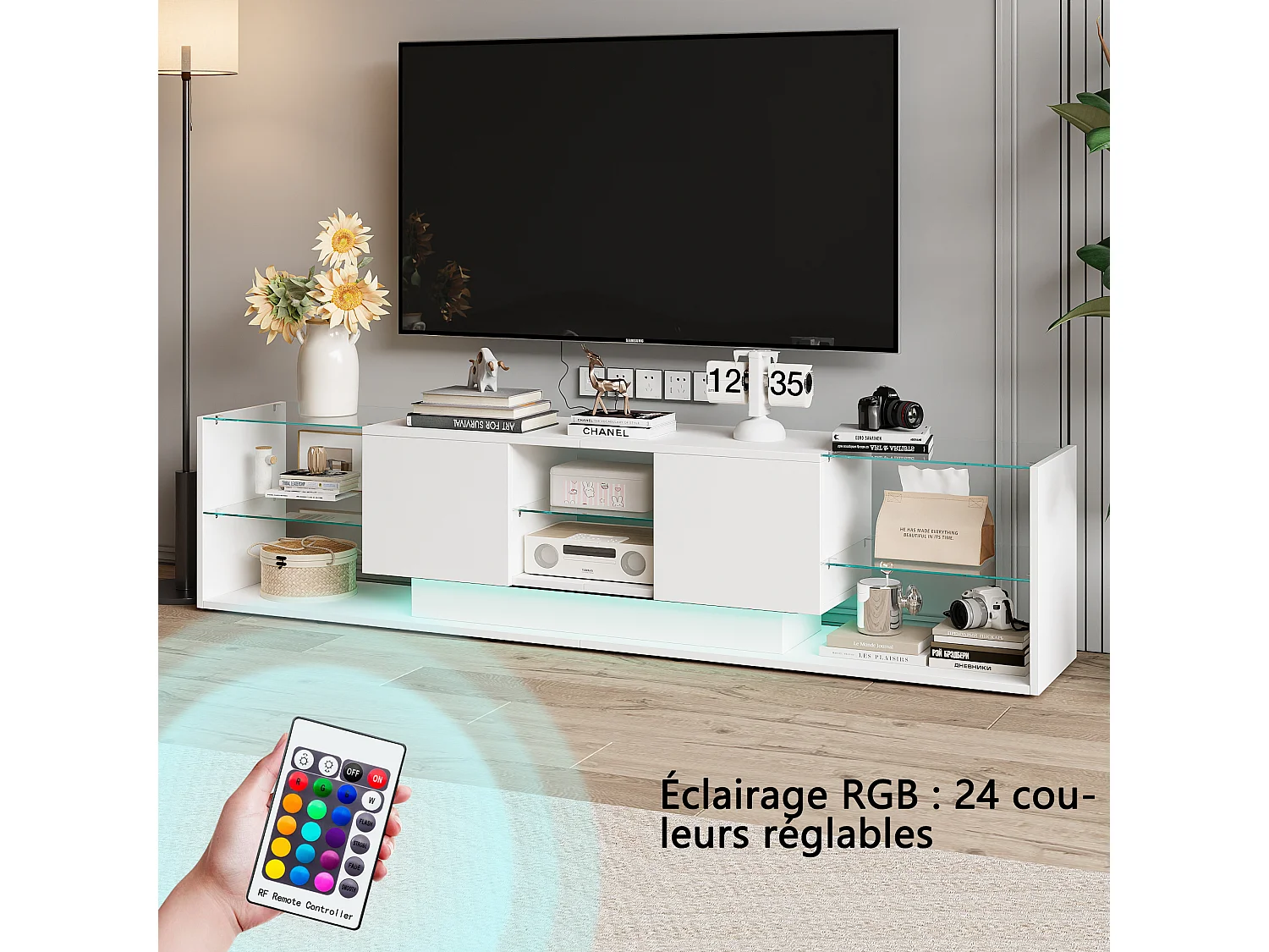 Meuble TV LED, Meuble TV Blanc Brillante, Armoire De Télévision avec 2 Tiroirs, Étagères Ouvertes en Verre, Meuble Tele, 200x35x45cm