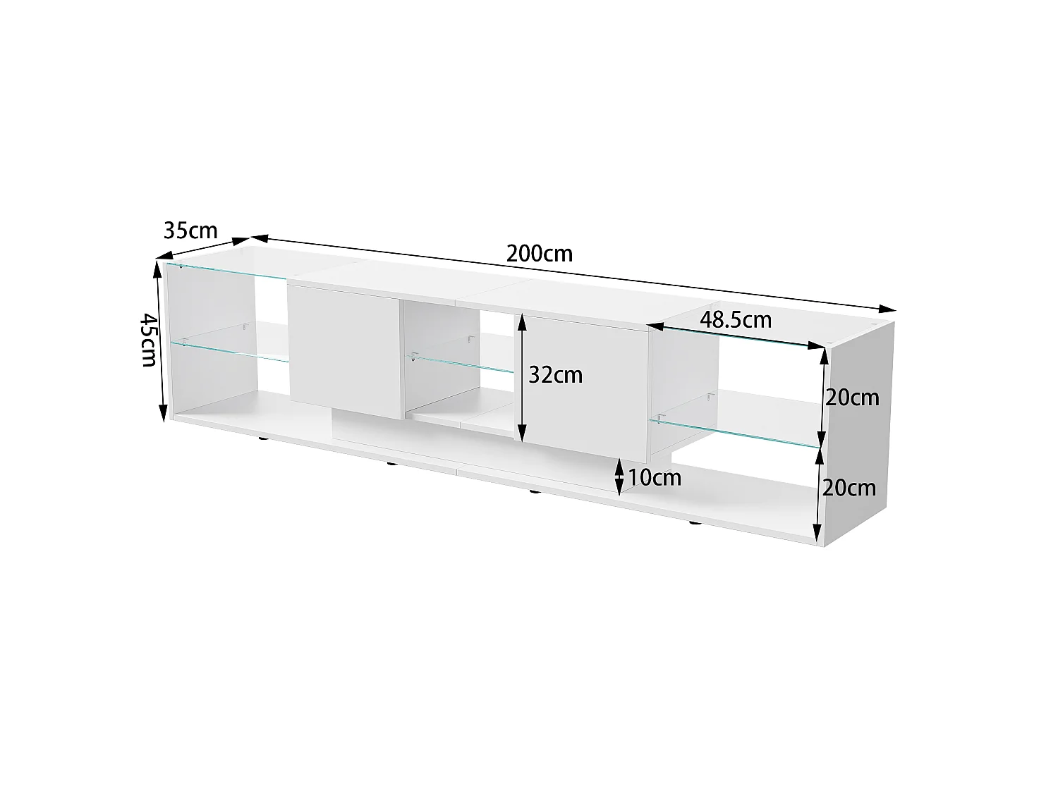 Meuble TV LED, Meuble TV Blanc Brillante, Armoire De Télévision avec 2 Tiroirs, Étagères Ouvertes en Verre, Meuble Tele, 200x35x45cm