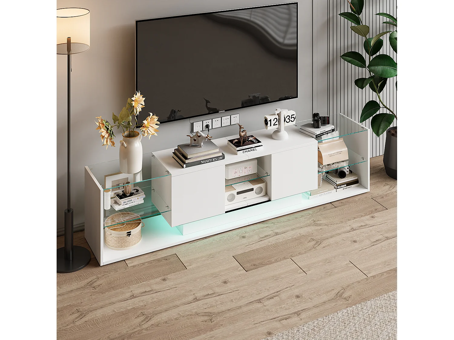 Meuble TV LED, Meuble TV Blanc Brillante, Armoire De Télévision avec 2 Tiroirs, Étagères Ouvertes en Verre, Meuble Tele, 200x35x45cm