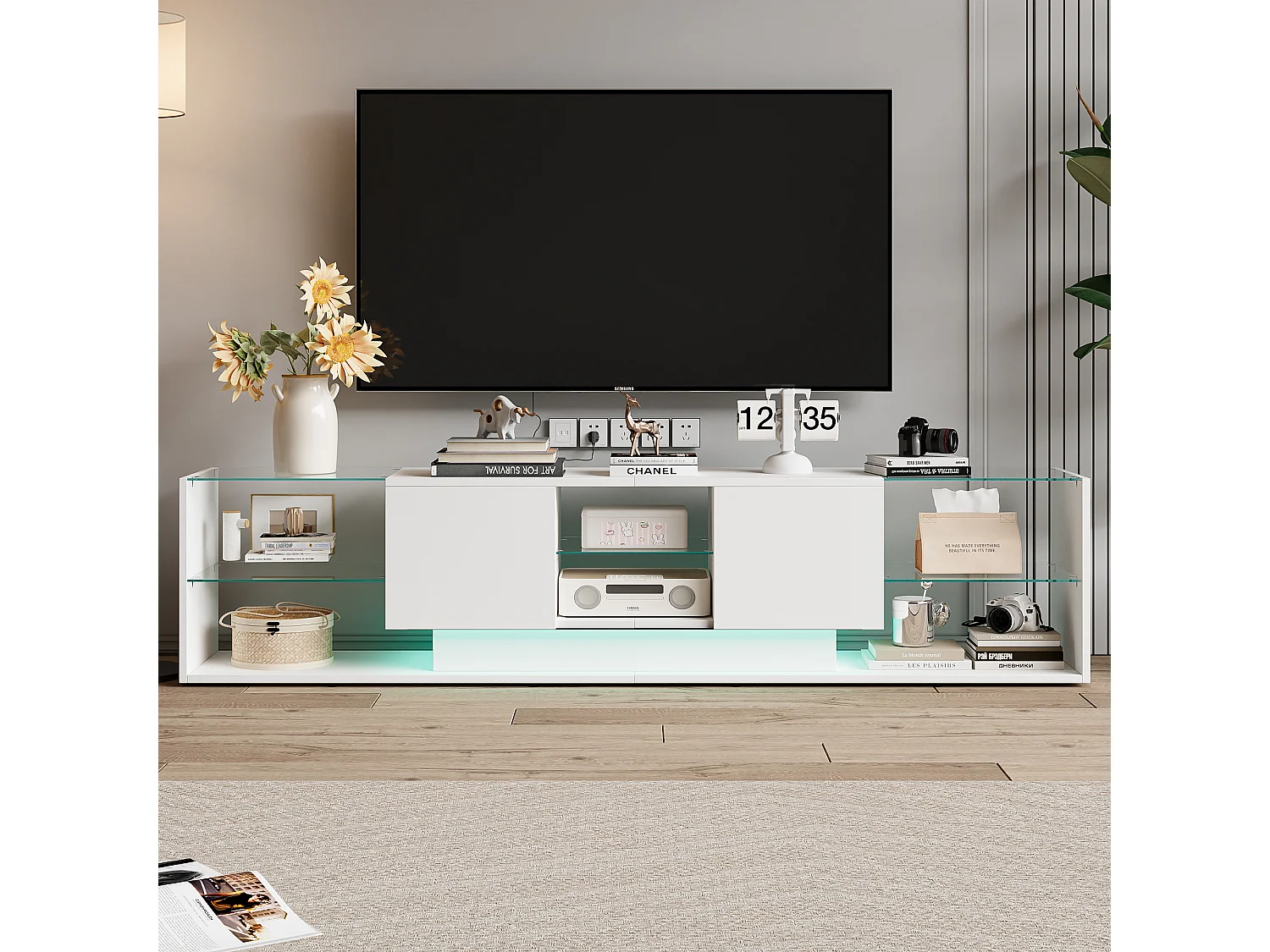 Meuble TV LED, Meuble TV Blanc Brillante, Armoire De Télévision avec 2 Tiroirs, Étagères Ouvertes en Verre, Meuble Tele, 200x35x45cm