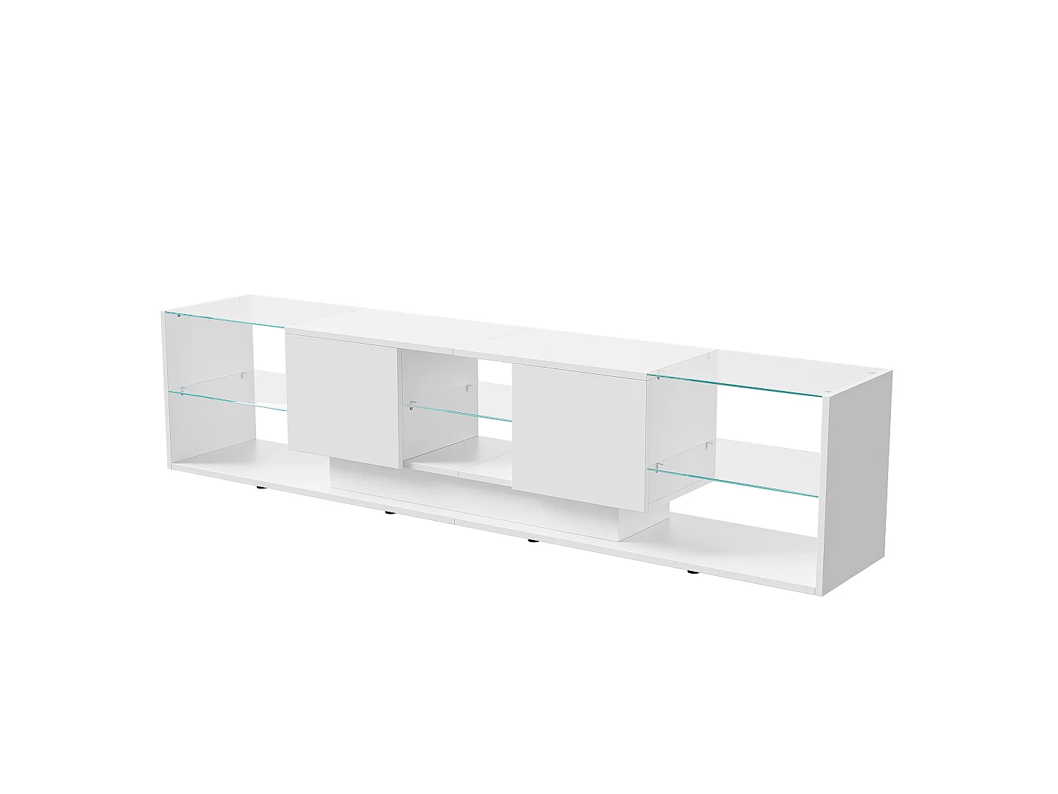 Meuble TV LED, Meuble TV Blanc Brillante, Armoire De Télévision avec 2 Tiroirs, Étagères Ouvertes en Verre, Meuble Tele, 200x35x45cm