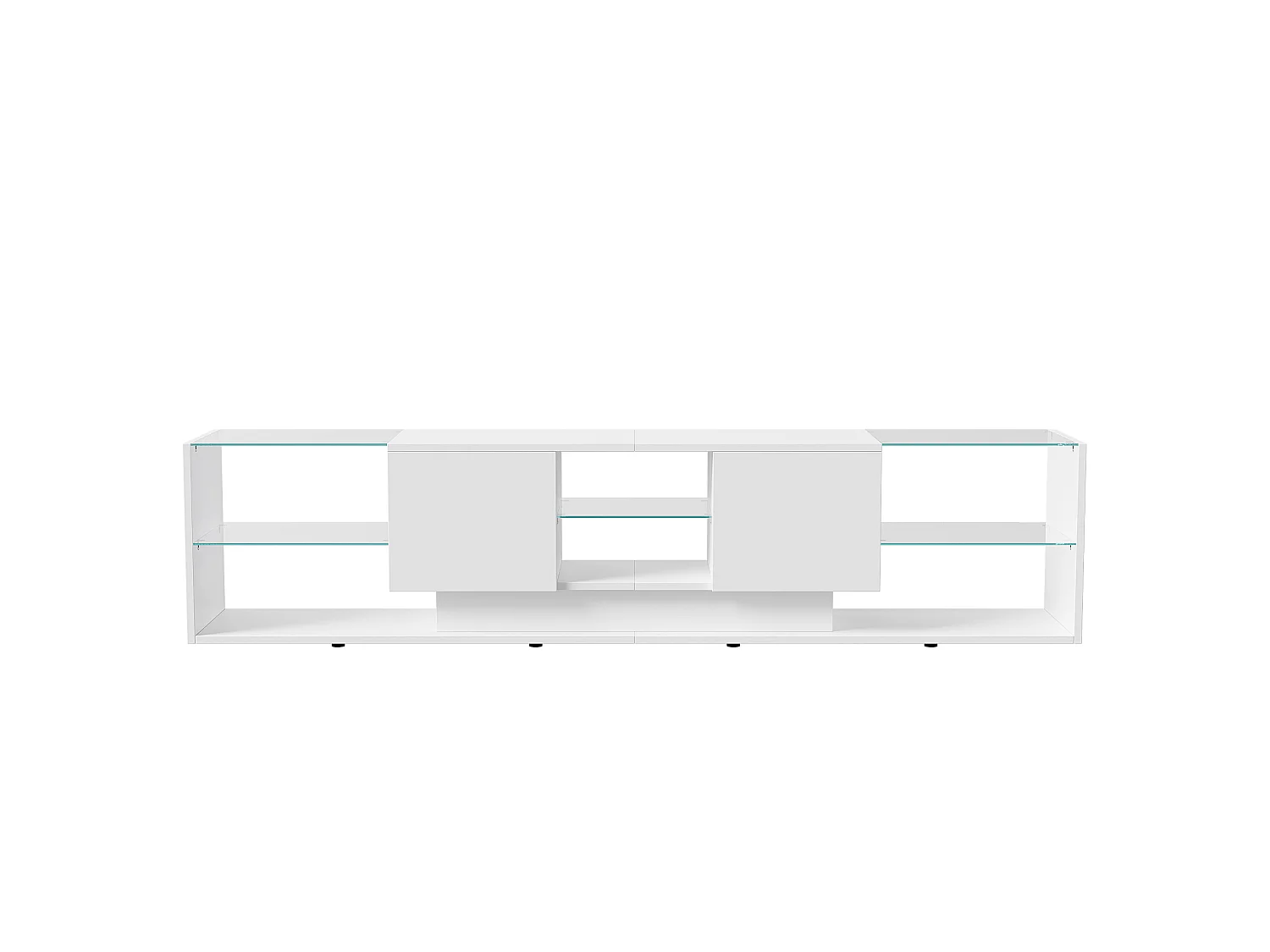 Meuble TV LED, Meuble TV Blanc Brillante, Armoire De Télévision avec 2 Tiroirs, Étagères Ouvertes en Verre, Meuble Tele, 200x35x45cm