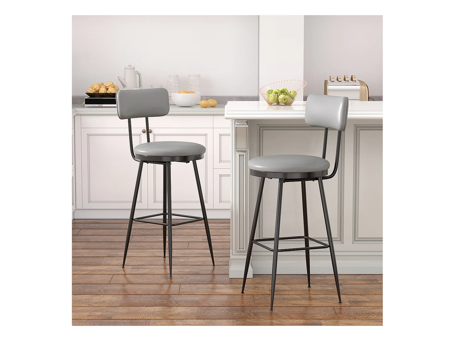 Tabouret de Bar, Lot de 2, Chaise Haute Cuisine,Chaise de Bar avec Repose-Pieds et Dossier,pour Salle à Manger, Cuisine, Simili Cuir,Gris