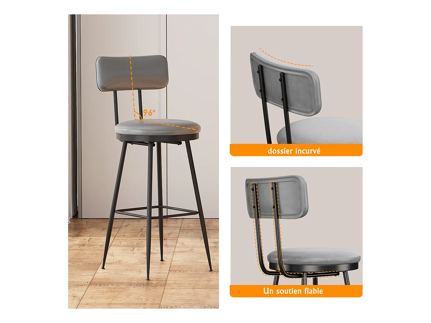 Tabouret de Bar, Lot de 2, Chaise Haute Cuisine,Chaise de Bar avec Repose-Pieds et Dossier,pour Salle à Manger, Cuisine, Simili Cuir,Gris