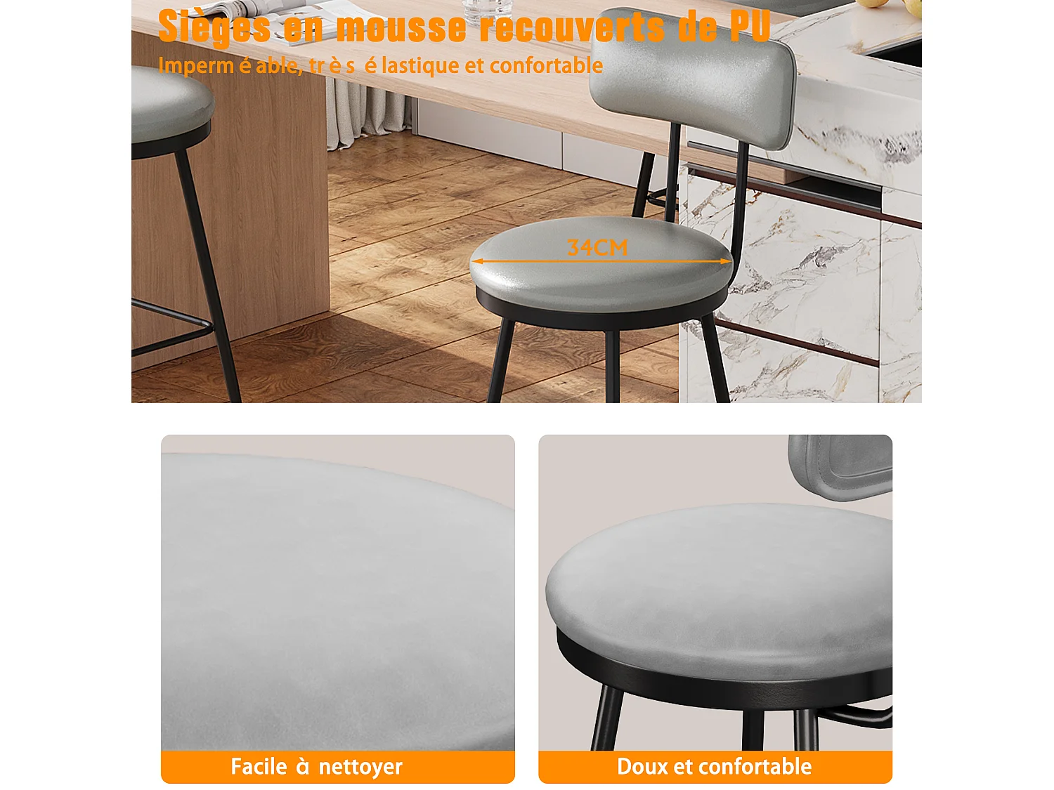 Tabouret de Bar, Lot de 2, Chaise Haute Cuisine,Chaise de Bar avec Repose-Pieds et Dossier,pour Salle à Manger, Cuisine, Simili Cuir,Gris