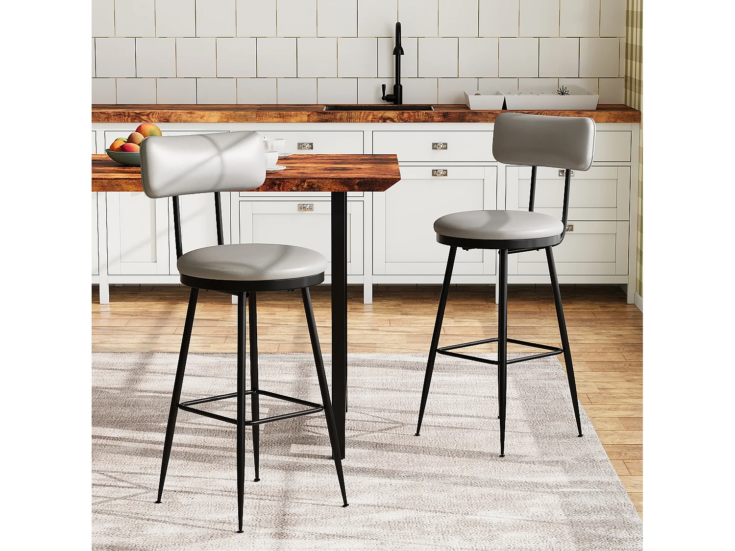 Barkrukken, set van 2, hoge keukenstoel, barstoel met voetenbank en rugleuning, voor eetkamer, keuken, kunstleer, grijs