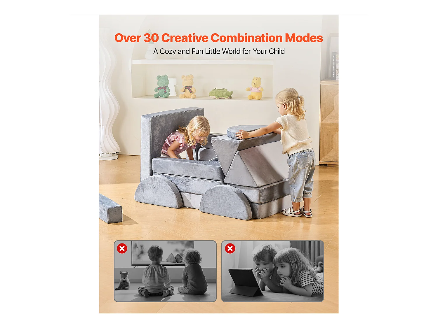 Canapé de Jeu Modulaire SucceBuy pour Enfants Composant 14PCs, Canapé Sectionnel Convertible, avec Accoudoirs, en Éponge 28D et Poils Courts, Sofa Tout-petits