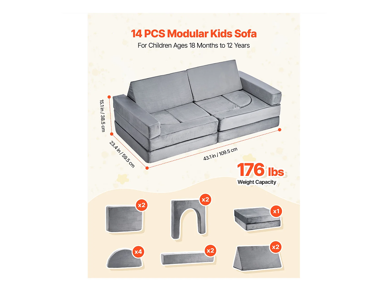 Canapé de Jeu Modulaire SucceBuy pour Enfants Composant 14PCs, Canapé Sectionnel Convertible, avec Accoudoirs, en Éponge 28D et Poils Courts, Sofa Tout-petits