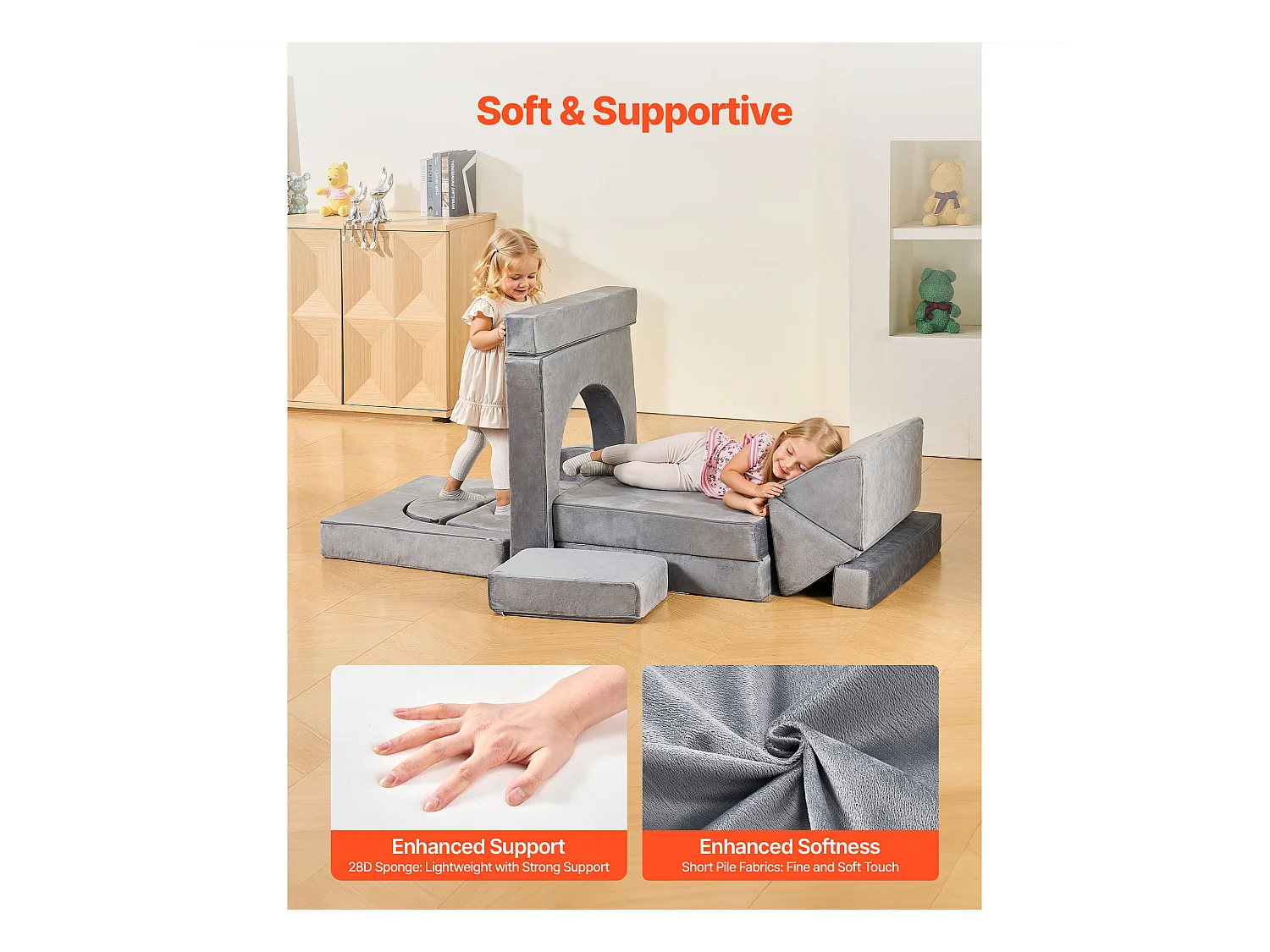 Canapé de Jeu Modulaire SucceBuy pour Enfants Composant 14PCs, Canapé Sectionnel Convertible, avec Accoudoirs, en Éponge 28D et Poils Courts, Sofa Tout-petits