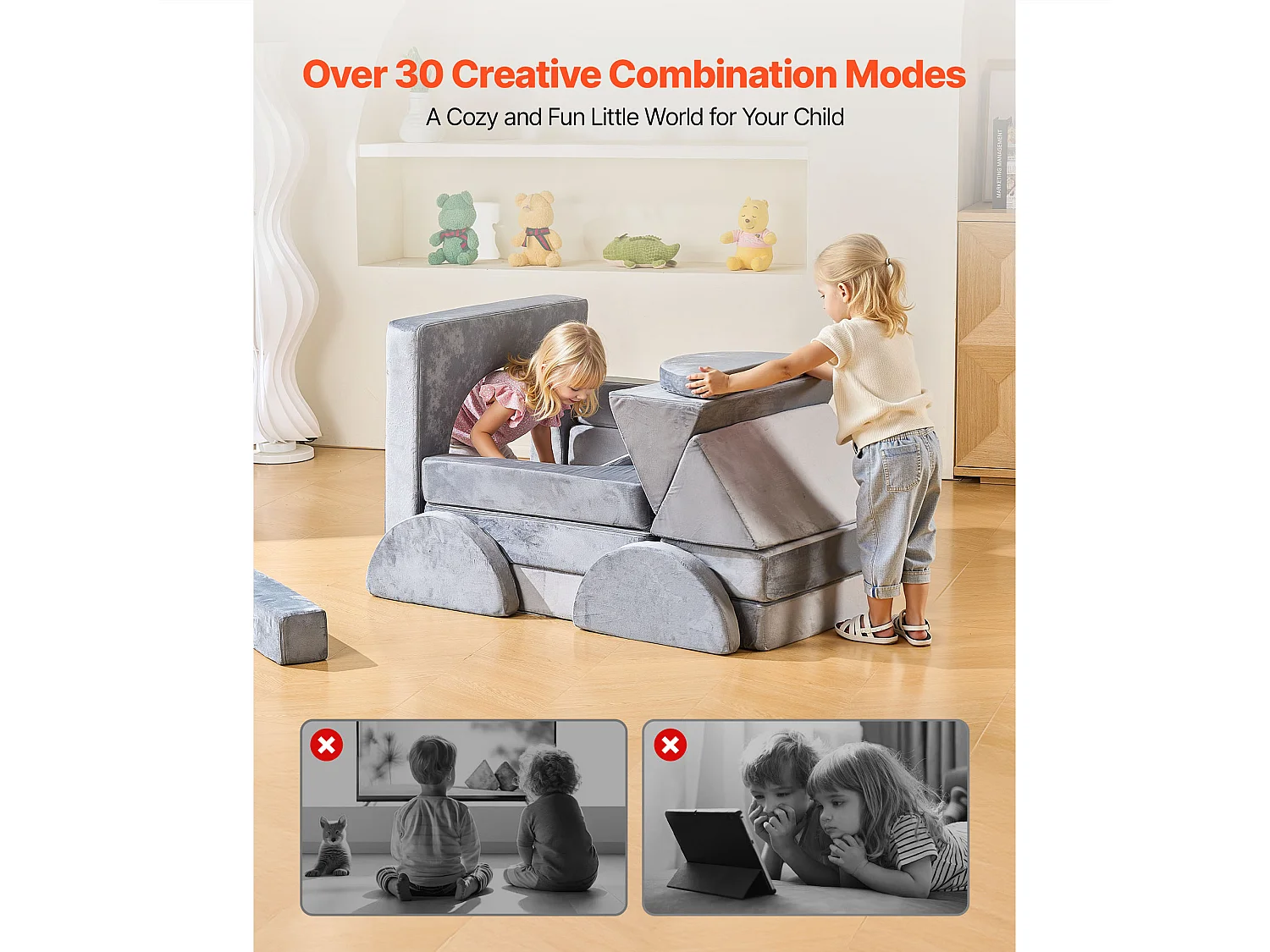 Modułowa Kanapa do Zabawy SucceBuy dla Dzieci Składająca się z 14PCs, Przekształcalna Kanapa Segmentowa, z Podłokietnikami, z Gąbki 28D i Krótkim Włosiem