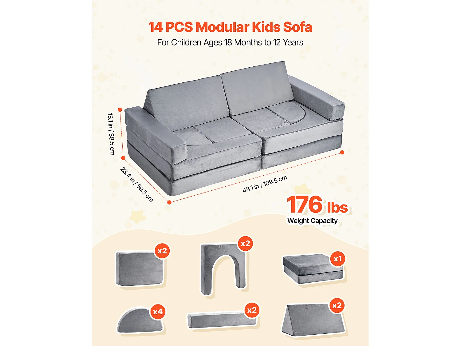 Modułowa Kanapa do Zabawy SucceBuy dla Dzieci Składająca się z 14PCs, Przekształcalna Kanapa Segmentowa, z Podłokietnikami, z Gąbki 28D i Krótkim Włosiem