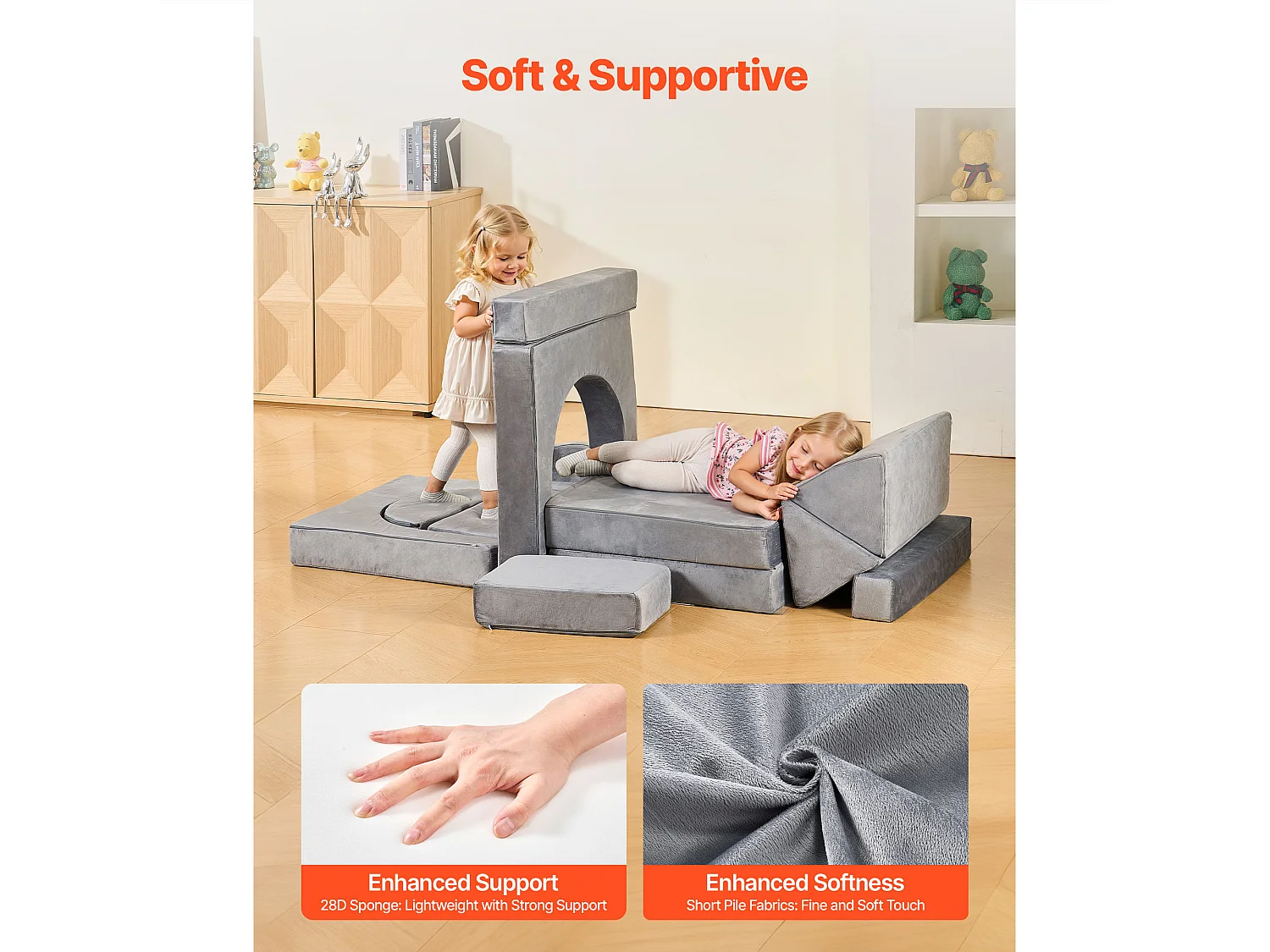 Modułowa Kanapa do Zabawy SucceBuy dla Dzieci Składająca się z 14PCs, Przekształcalna Kanapa Segmentowa, z Podłokietnikami, z Gąbki 28D i Krótkim Włosiem