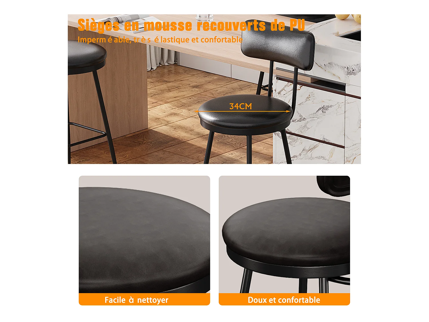 Tabouret de Bar, Lot de 2, Chaise Haute Cuisine,Chaise de Bar avec Repose-Pieds et Dossier,pour Salle à Manger, Cuisine, Simili Cuir,Noir