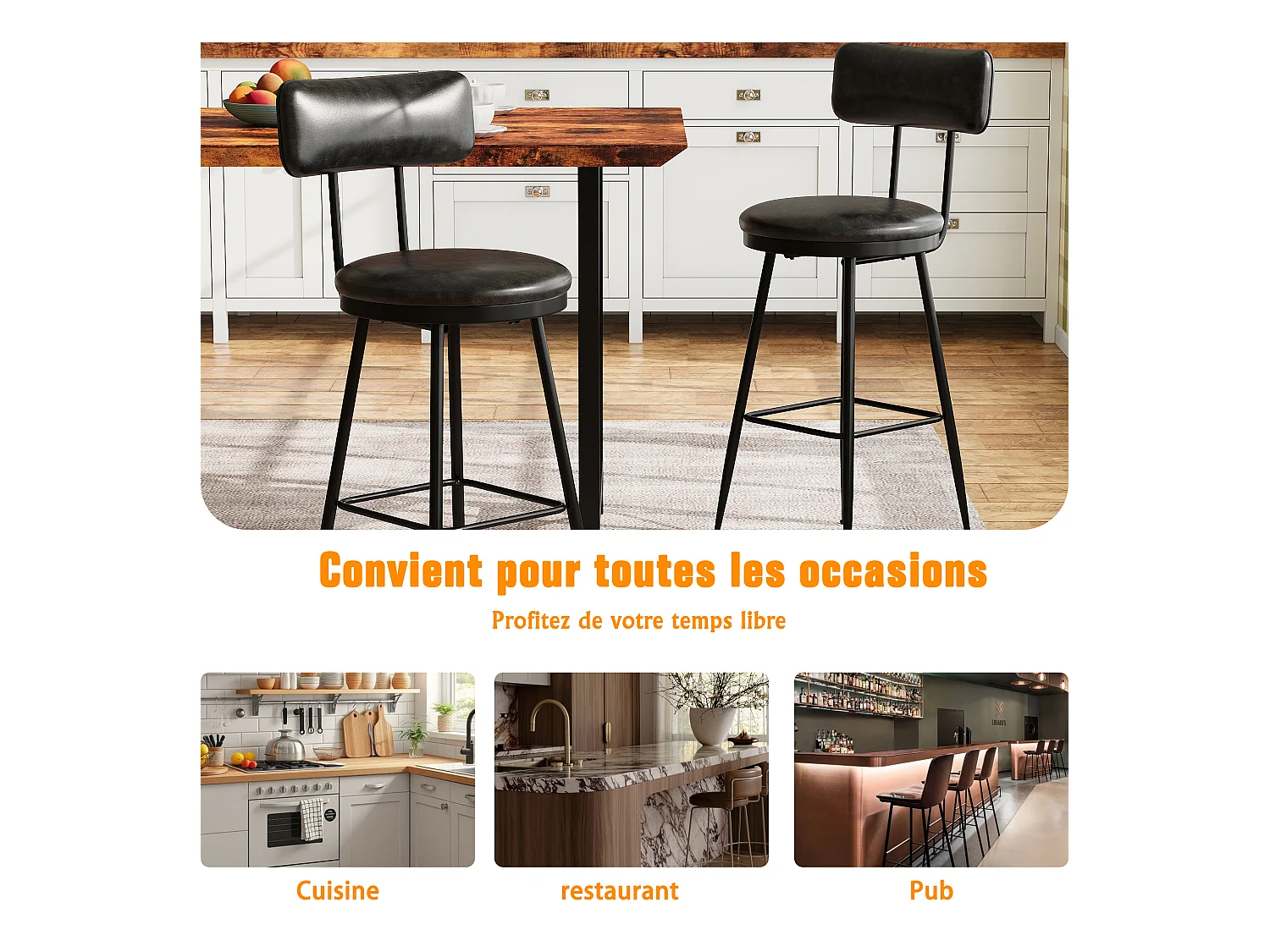 Tabouret de Bar, Lot de 2, Chaise Haute Cuisine,Chaise de Bar avec Repose-Pieds et Dossier,pour Salle à Manger, Cuisine, Simili Cuir,Noir
