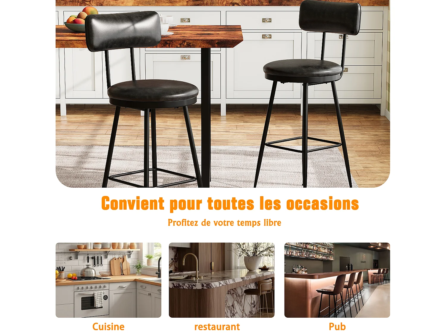 Tabouret de Bar Lot de 2 - Chaise Haute Cuisine - Chaise de Bar avec Repose-Pieds et Dossier - pour Salle à Manger,Cuisine - Simili Cuir - Noir