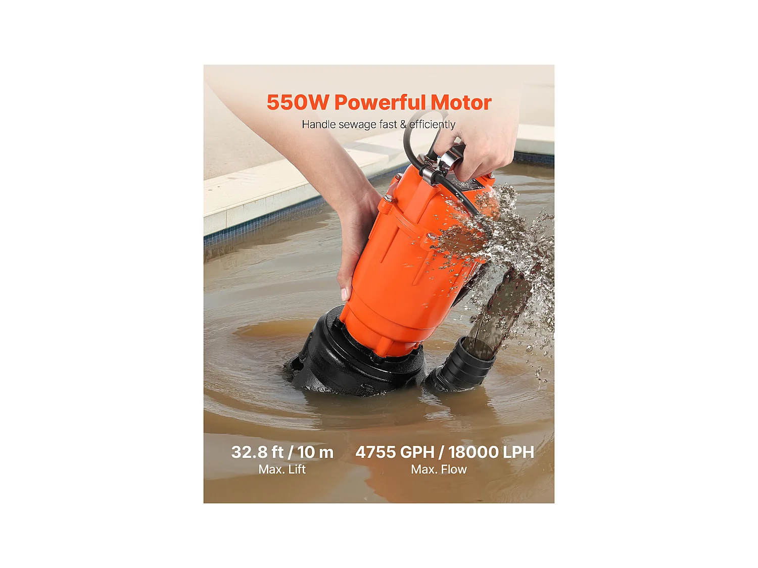 Dompelpomp voor Afvalwater SucceBuy, 550 W, Dompelpomp van Gietijzer 18000 L/u, met Maximale Opvoerhoogte 10 m, voor Zwembaden, Vijvers, Kelders