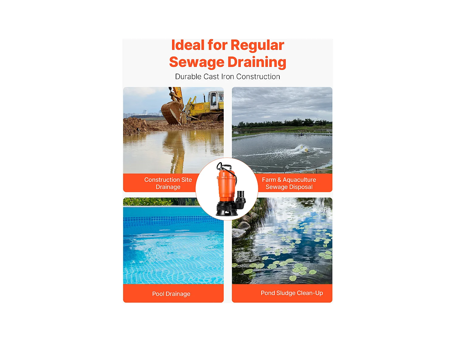 Dompelpomp voor Afvalwater SucceBuy, 550 W, Dompelpomp van Gietijzer 18000 L/u, met Maximale Opvoerhoogte 10 m, voor Zwembaden, Vijvers, Kelders