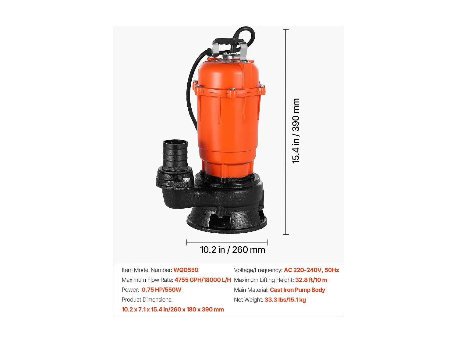 Pompe Submersible Eaux Usées SucceBuy, 550 W, Pompe de Puisard en Fonte 18000 L/h, avec Hauteur de Refoulement Maximale 10 m, pour Piscines, Étangs, Sous-sols
