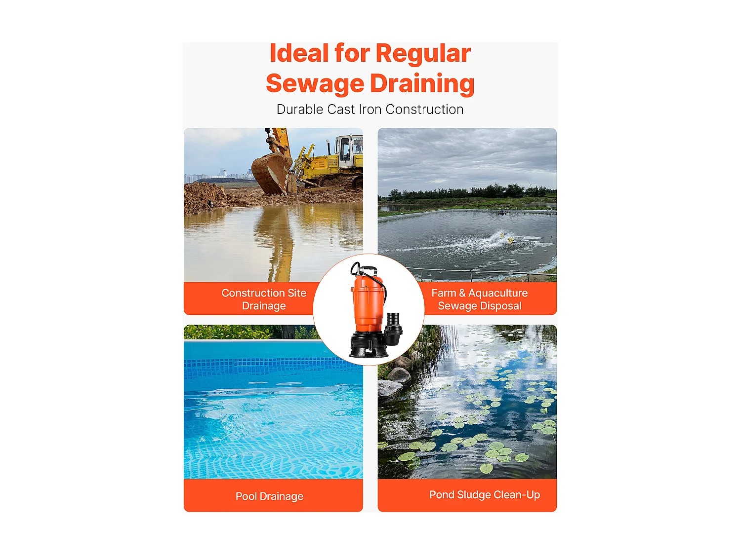 Pompe Submersible Eaux Usées SucceBuy, 550 W, Pompe de Puisard en Fonte 18000 L/h, avec Hauteur de Refoulement Maximale 10 m, pour Piscines, Étangs, Sous-sols