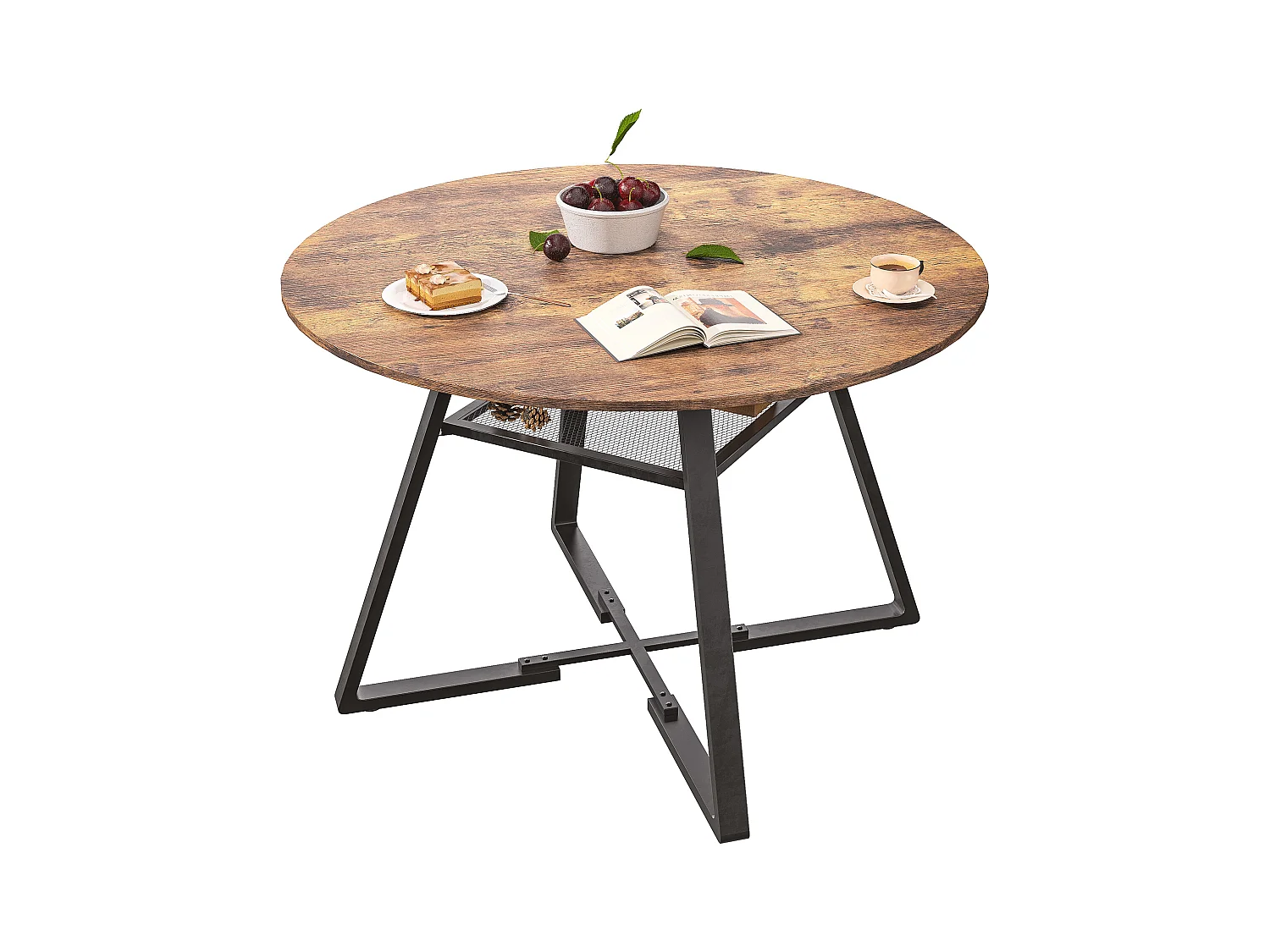 Table de Salle à Manger Ronde 120 cm,Table de Cuisine pour 4 à 6 Personnes,Surface en Bois et Base en Métal,pour Cuisine et Salon,Marron et Noir