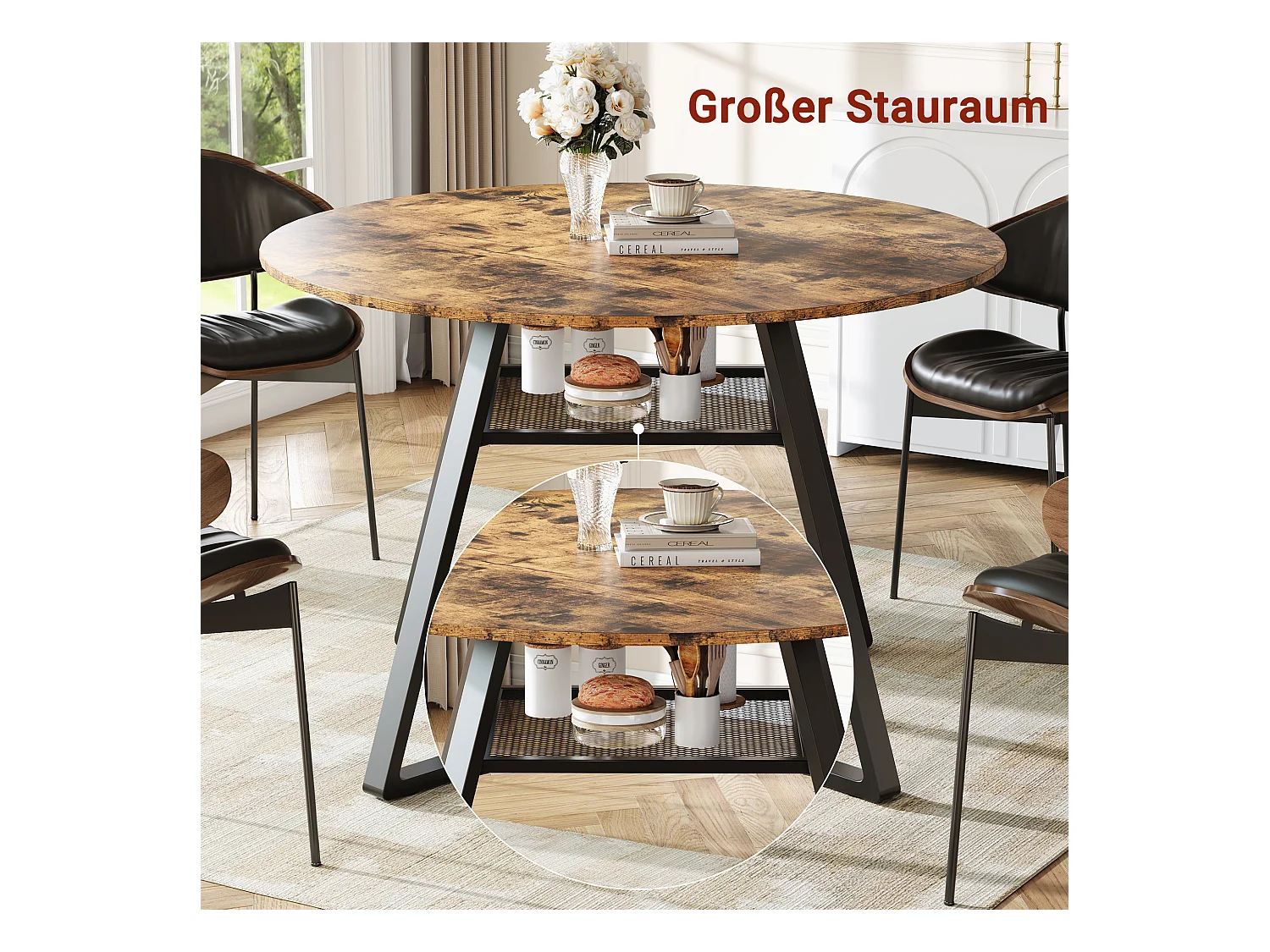 Table de Salle à Manger Ronde 120 cm,Table de Cuisine pour 4 à 6 Personnes,Surface en Bois et Base en Métal,pour Cuisine et Salon,Marron et Noir