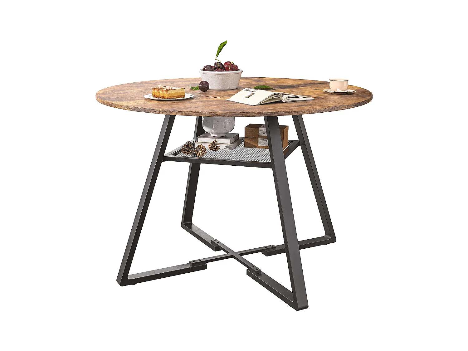 Table de Salle à Manger Ronde 120 cm,Table de Cuisine pour 4 à 6 Personnes,Surface en Bois et Base en Métal,pour Cuisine et Salon,Marron et Noir