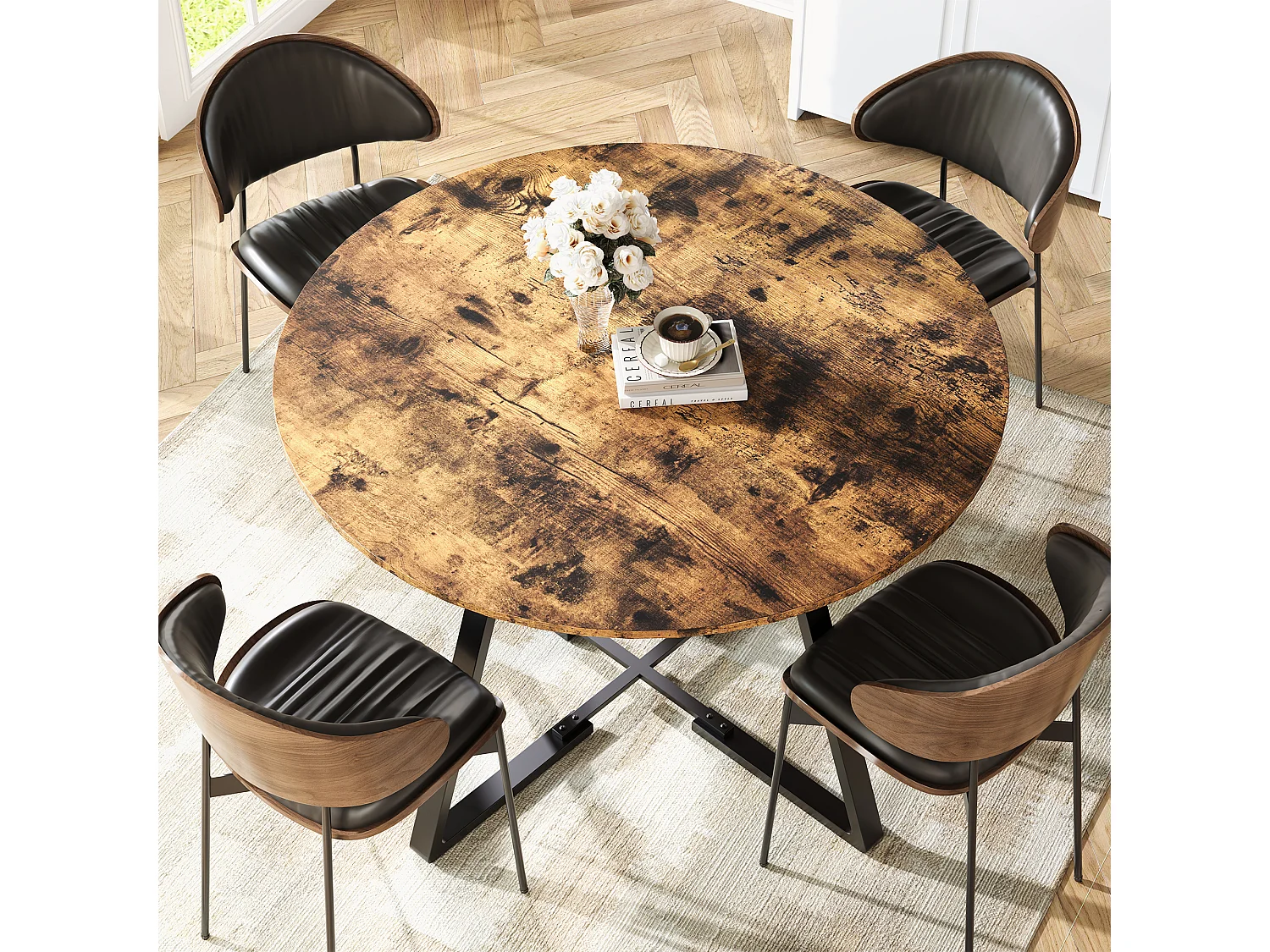 Table de Salle à Manger Ronde 120 cm,Table de Cuisine pour 4 à 6 Personnes,Surface en Bois et Base en Métal,pour Cuisine et Salon,Marron et Noir
