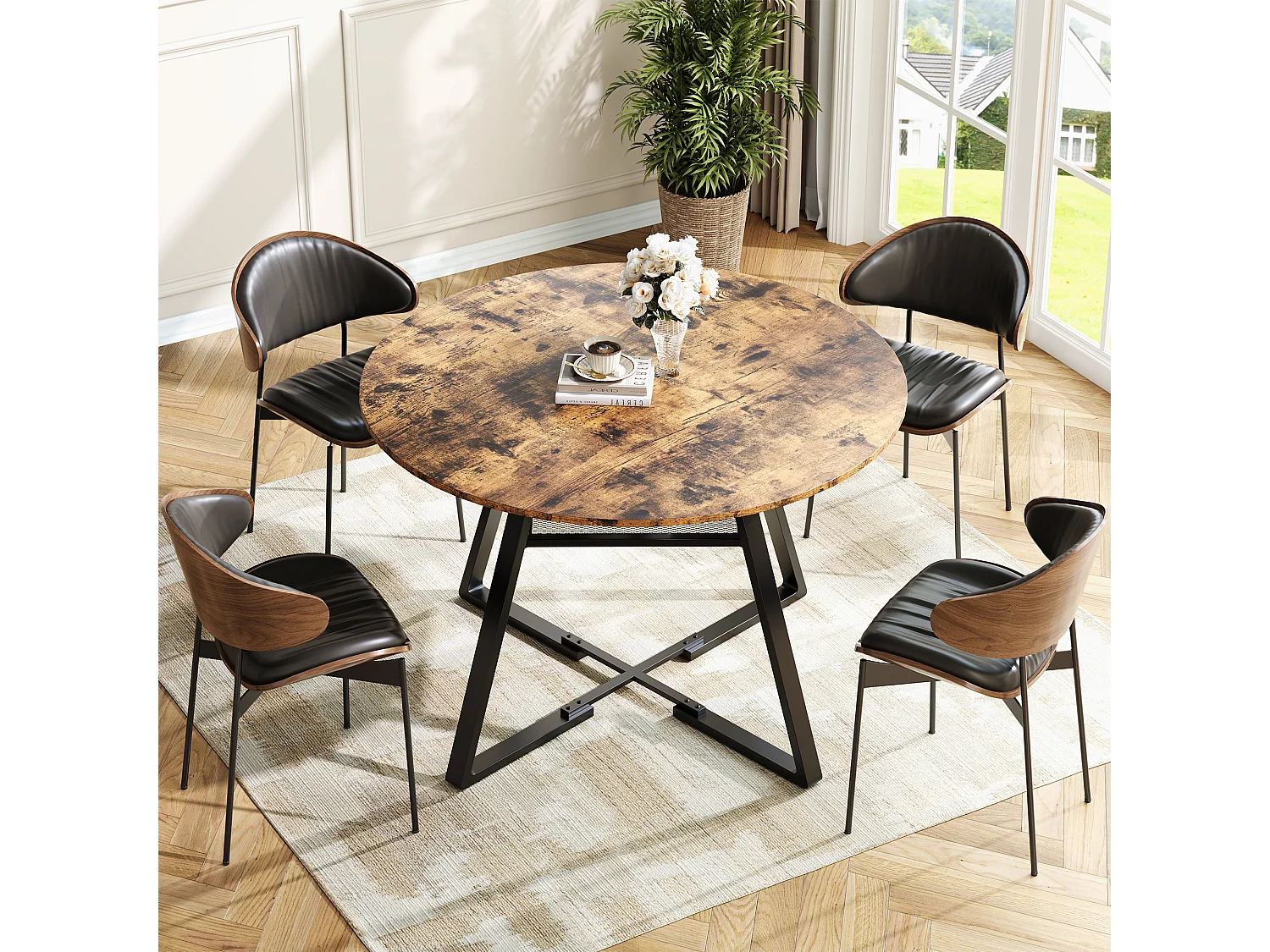 Table de Salle à Manger Ronde 120 cm,Table de Cuisine pour 4 à 6 Personnes,Surface en Bois et Base en Métal,pour Cuisine et Salon,Marron et Noir