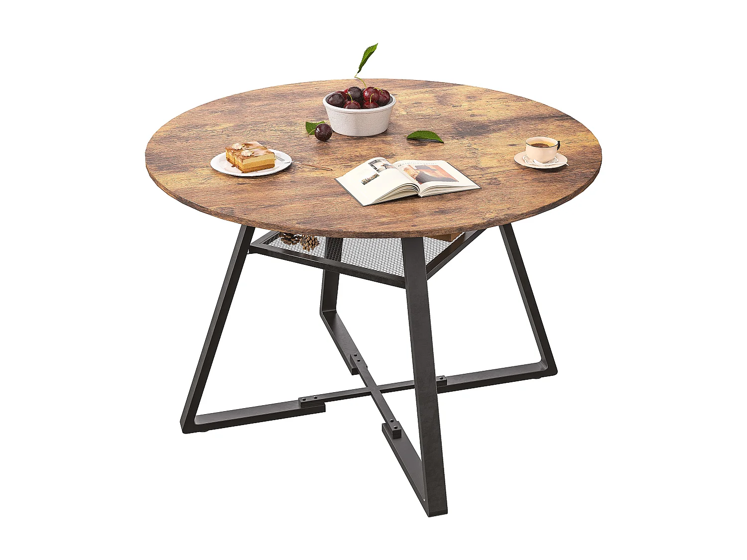 Table de Salle à Manger Ronde 120 cm,Table de Cuisine pour 4 à 6 Personnes,Surface en Bois et Base en Métal,pour Cuisine et Salon,Marron et Noir