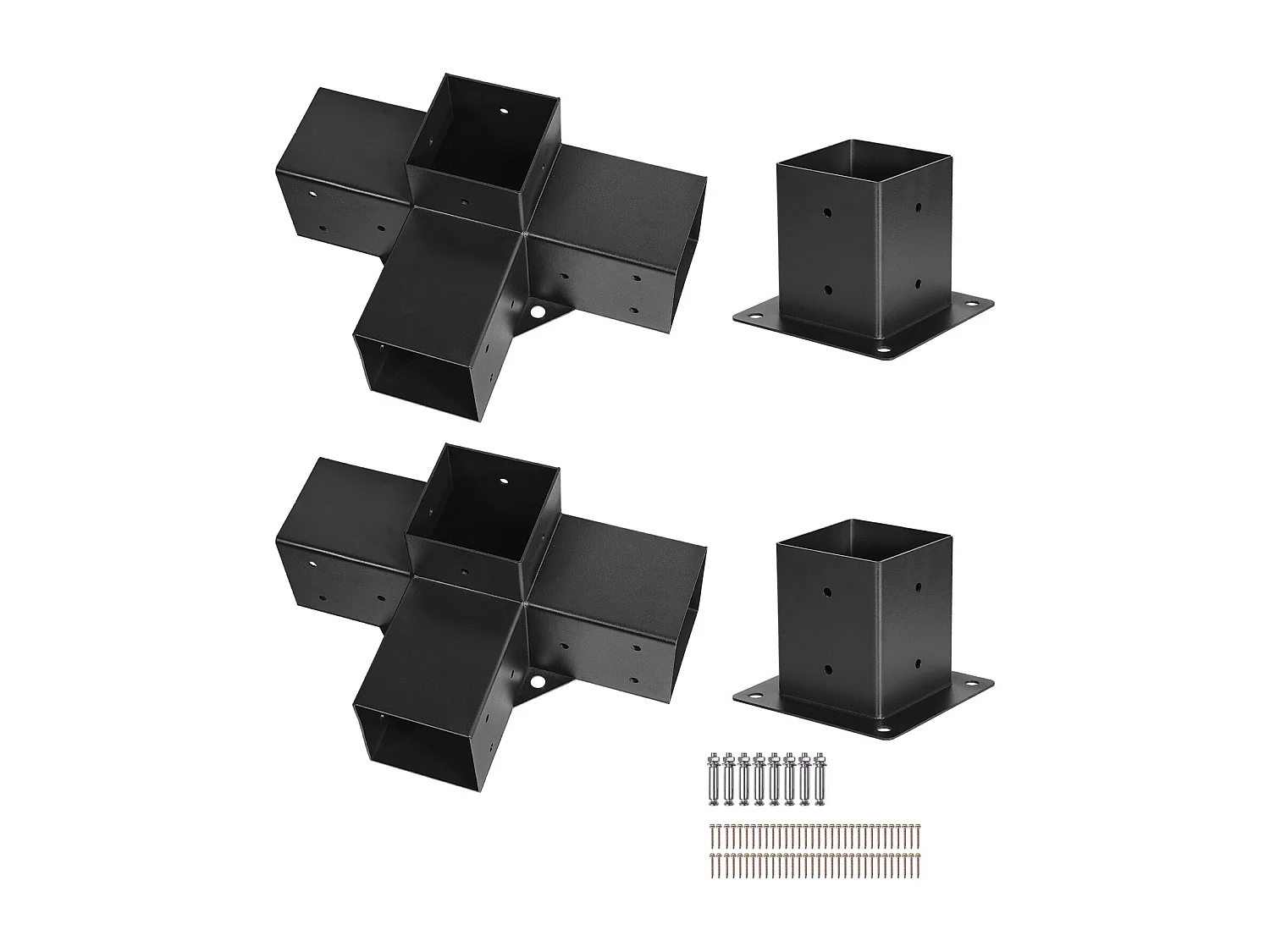 Pergola Steunset SucceBuy, Set van 4, Houten Paalsteun 9.2x9.2 cm, 2 4-Weg Hoeksteunen, 2 Paalvoeten, Koolstofstaal