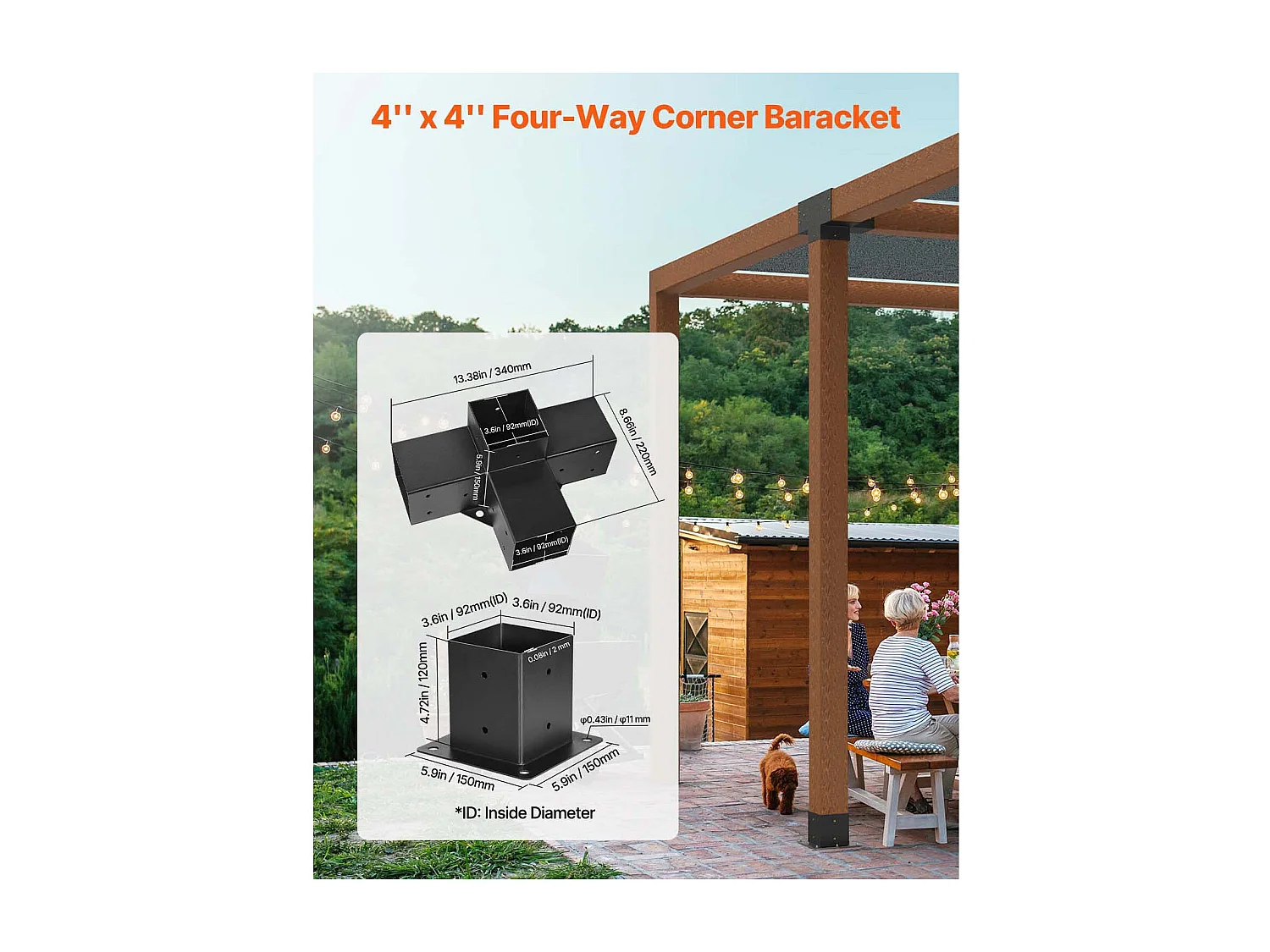 Pergola Steunset SucceBuy, Set van 4, Houten Paalsteun 9.2x9.2 cm, 2 4-Weg Hoeksteunen, 2 Paalvoeten, Koolstofstaal