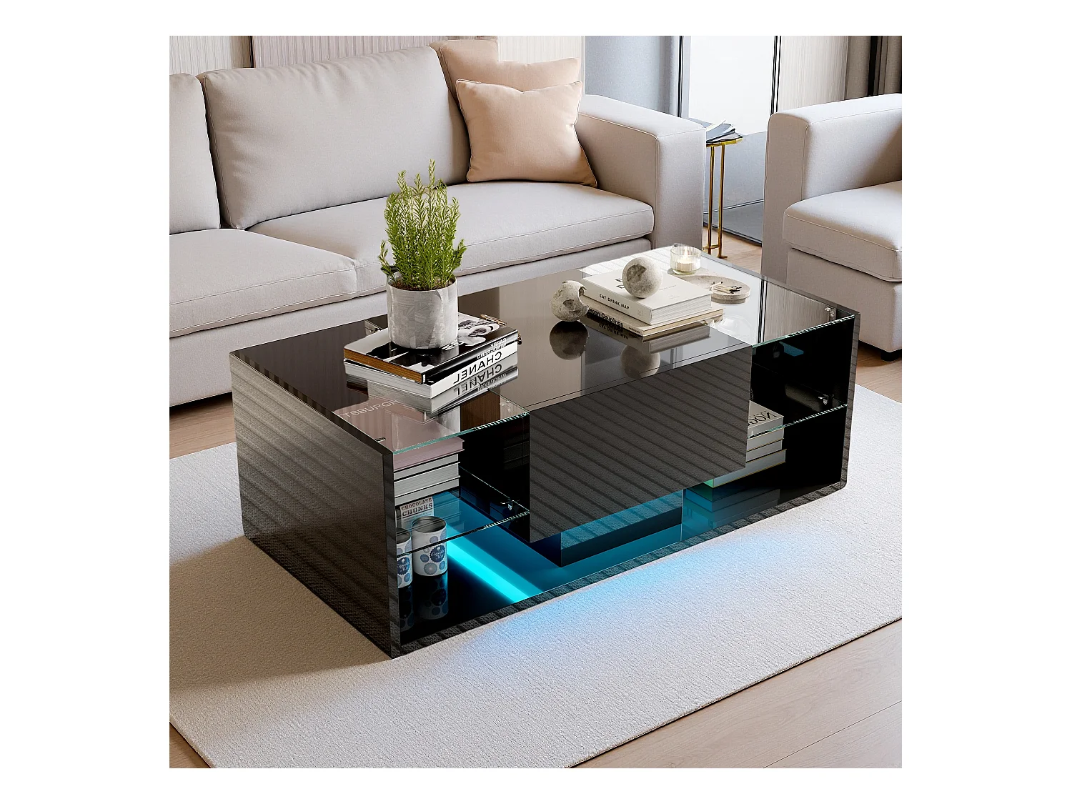 Table Basse Brillante à LED - Étagères en Verre et Tiroir de Rangement, Table de Salon Moderne, pour Salon/Chambre à Coucher - Noir