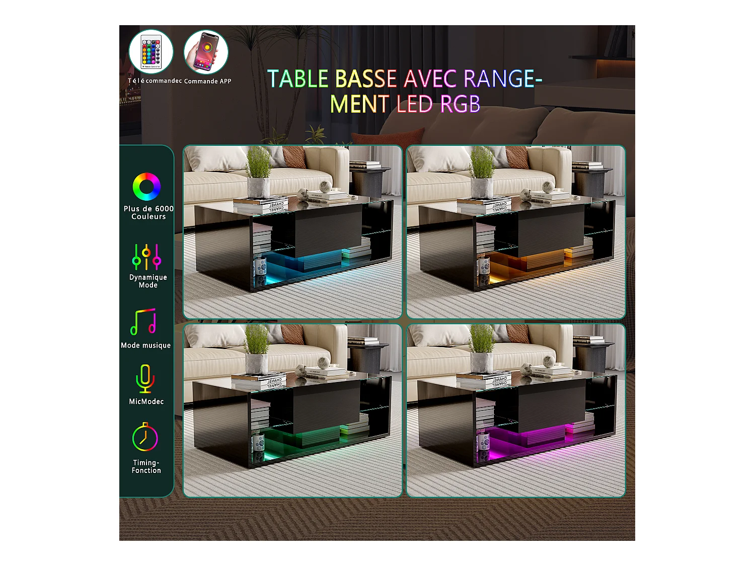 Table Basse Brillante à LED - Étagères en Verre et Tiroir de Rangement, Table de Salon Moderne, pour Salon/Chambre à Coucher - Noir