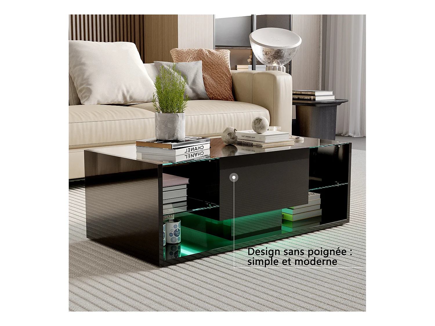 Table Basse Brillante à LED - Étagères en Verre et Tiroir de Rangement, Table de Salon Moderne, pour Salon/Chambre à Coucher - Noir