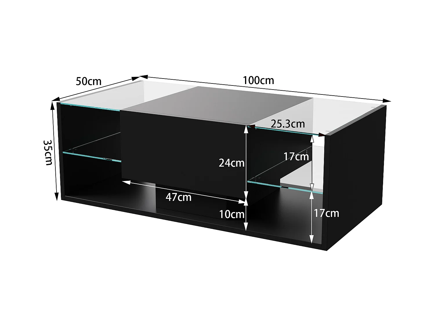 Table Basse Brillante à LED - Étagères en Verre et Tiroir de Rangement, Table de Salon Moderne, pour Salon/Chambre à Coucher - Noir