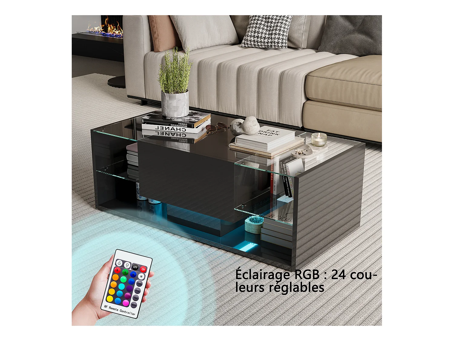 Table Basse Brillante à LED - Étagères en Verre et Tiroir de Rangement, Table de Salon Moderne, pour Salon/Chambre à Coucher - Noir