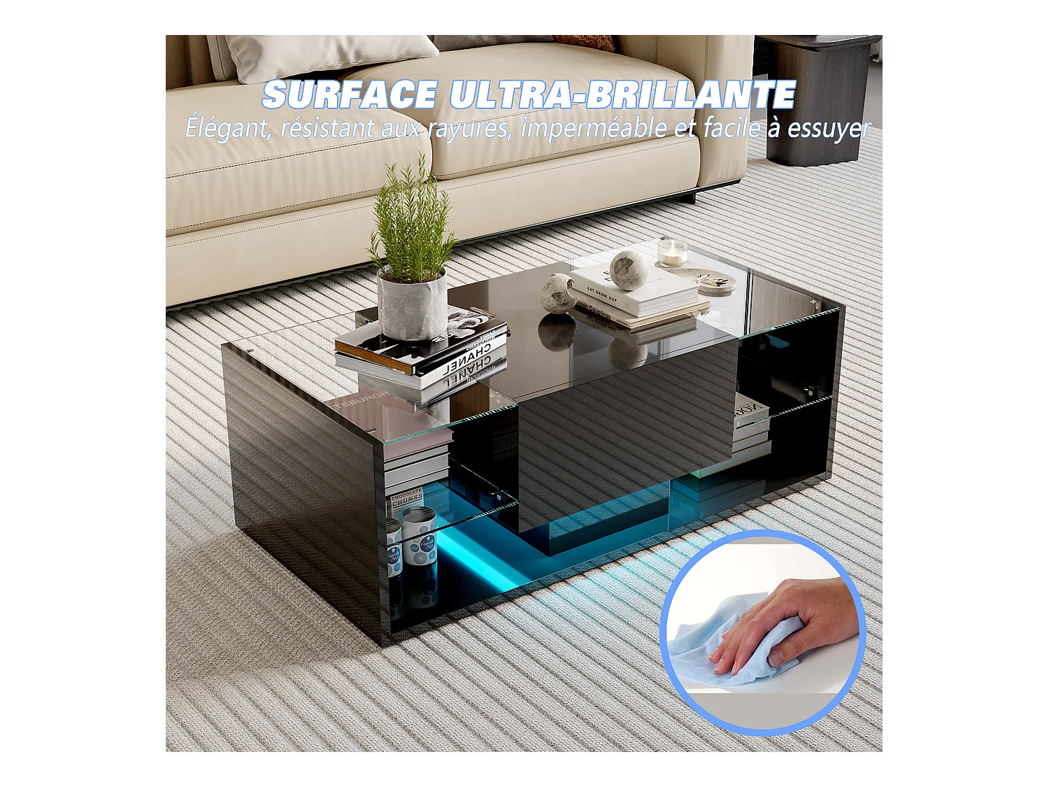 Table Basse Brillante à LED - Étagères en Verre et Tiroir de Rangement, Table de Salon Moderne, pour Salon/Chambre à Coucher - Noir