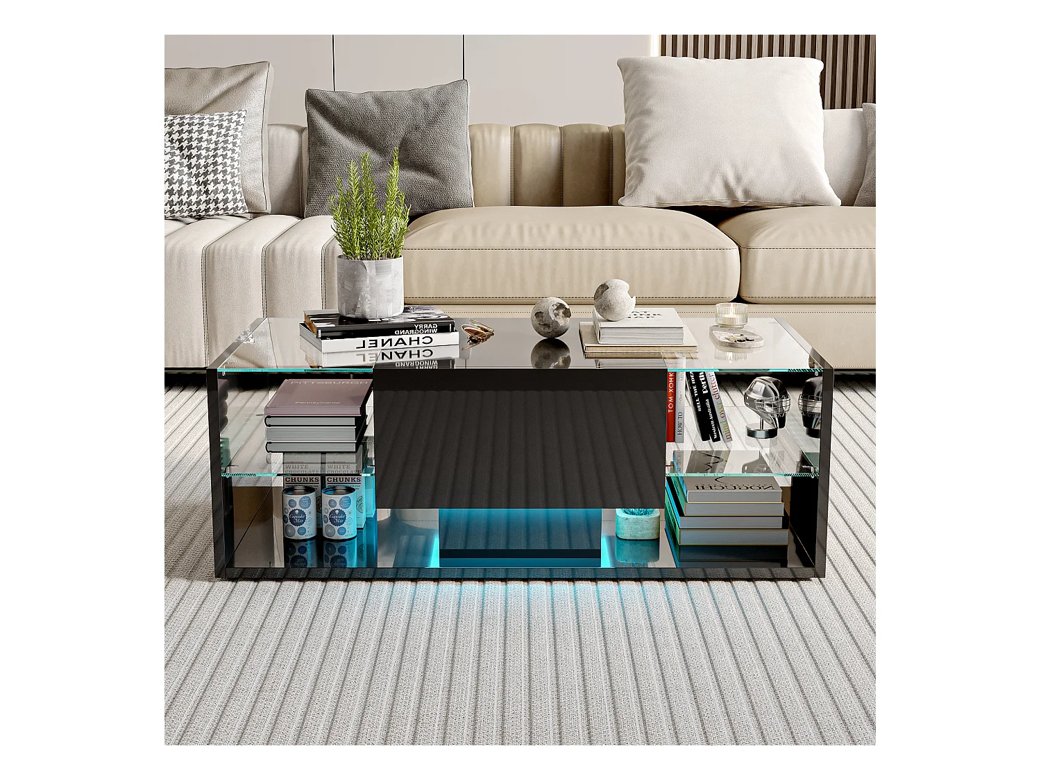 Table Basse Brillante à LED - Étagères en Verre et Tiroir de Rangement, Table de Salon Moderne, pour Salon/Chambre à Coucher - Noir