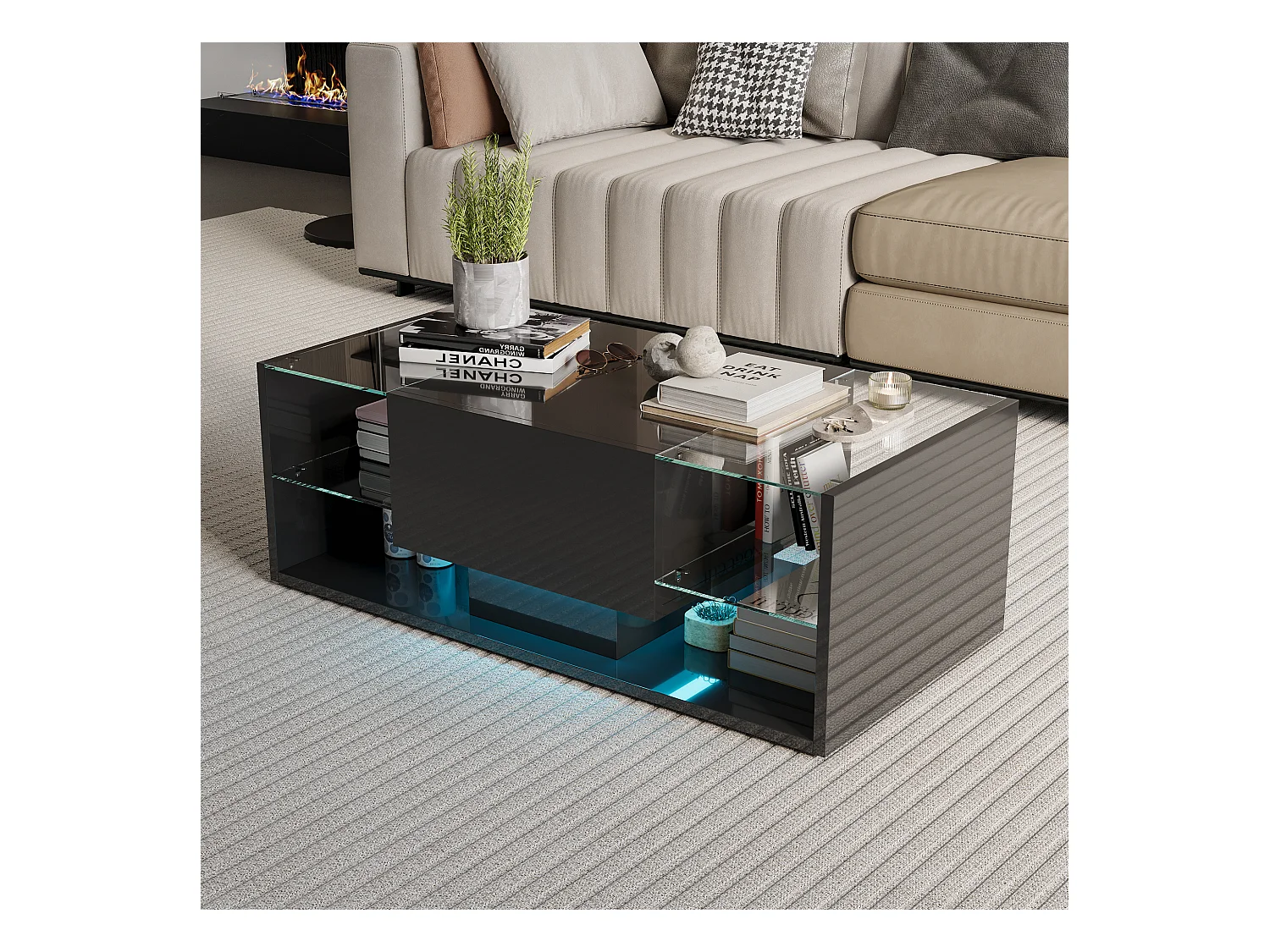 Table Basse Brillante à LED - Étagères en Verre et Tiroir de Rangement, Table de Salon Moderne, pour Salon/Chambre à Coucher - Noir