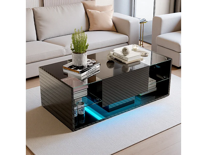 Table Basse - Brillante à LED - Étagères en Verre et Tiroir de Rangement - Table de Salon Moderne - pour Salon/Chambre à Coucher - Noir