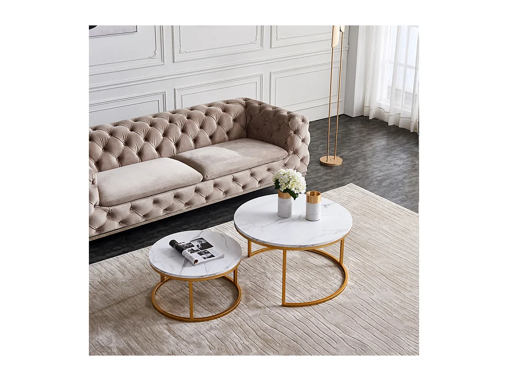 Table Basse Blanche avec Cadre doré, Coffee Table 2 pièces, Table Basse Ronde Blanche Moderne, Table Gigogne Ronde avec Effet marbre Blanc