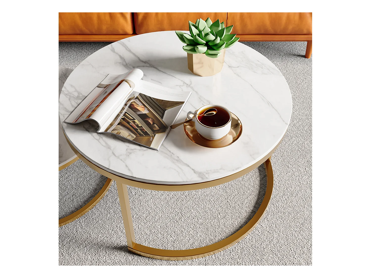 Table Basse Blanche avec Cadre doré, Coffee Table 2 pièces, Table Basse Ronde Blanche Moderne, Table Gigogne Ronde avec Effet marbre Blanc