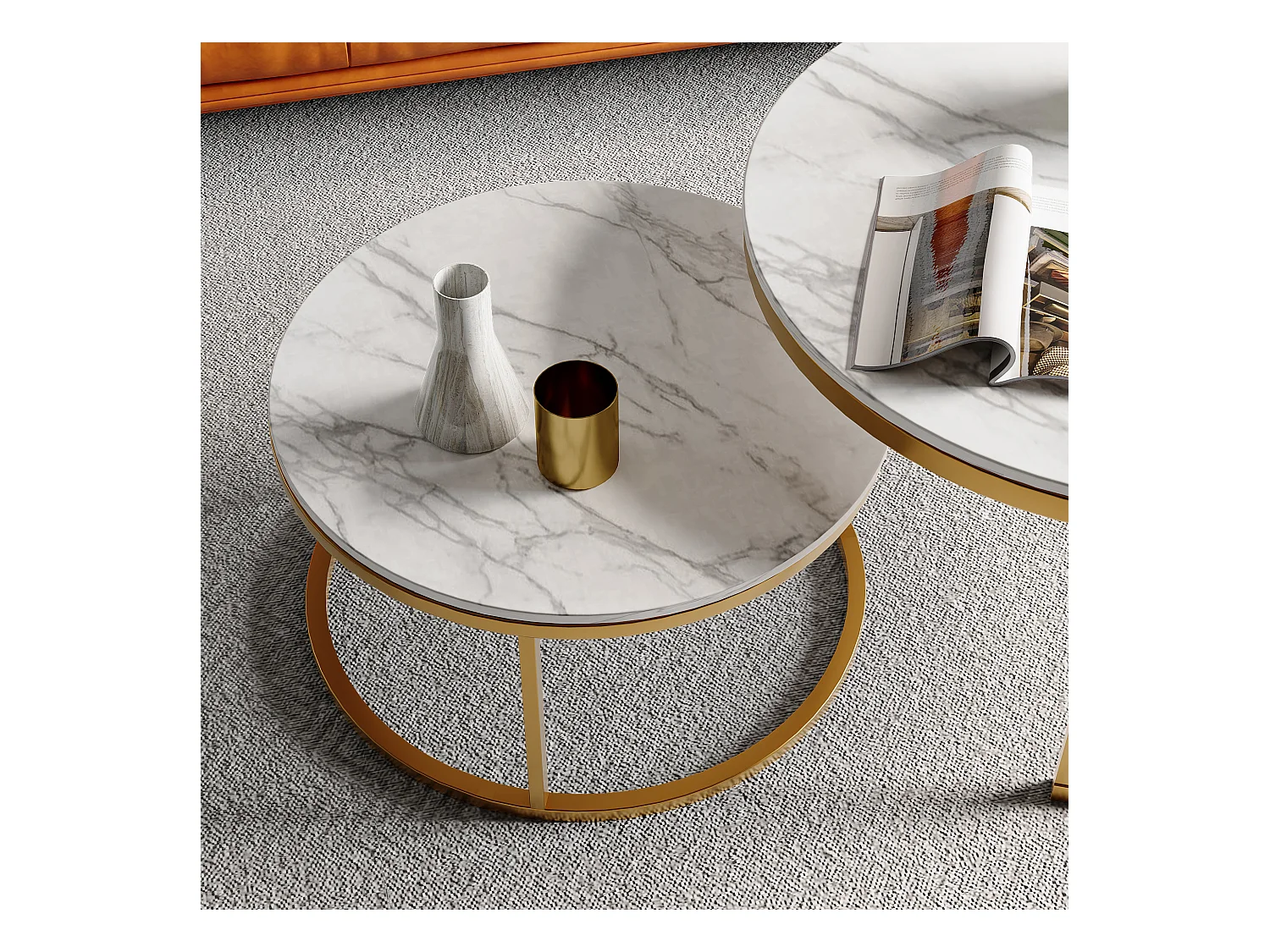 Table Basse Blanche avec Cadre doré, Coffee Table 2 pièces, Table Basse Ronde Blanche Moderne, Table Gigogne Ronde avec Effet marbre Blanc