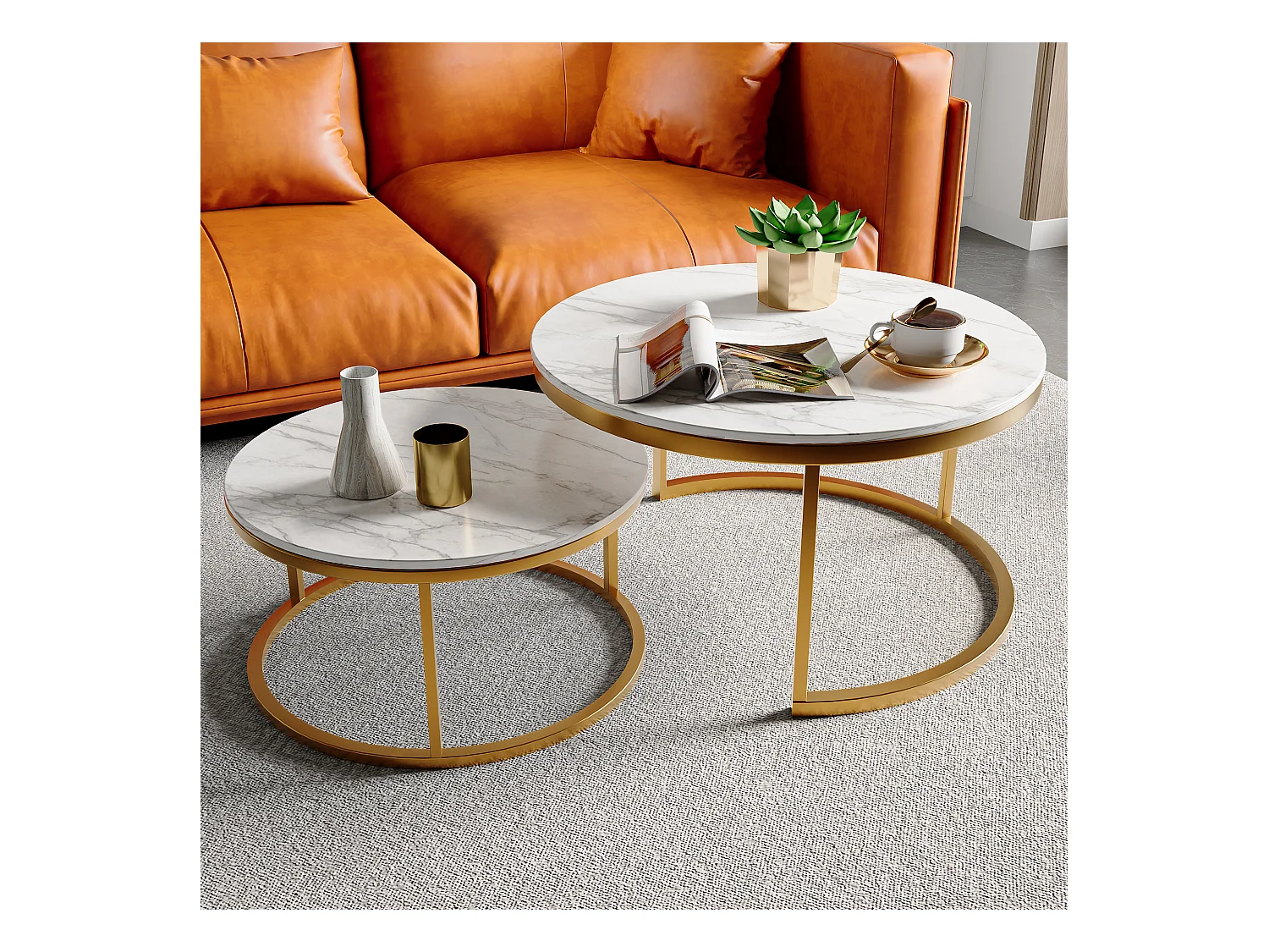 Table Basse Blanche avec Cadre doré, Coffee Table 2 pièces, Table Basse Ronde Blanche Moderne, Table Gigogne Ronde avec Effet marbre Blanc