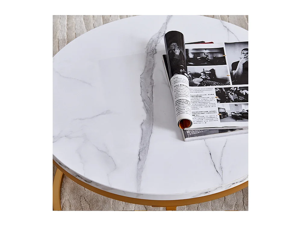 Table Basse Blanche avec Cadre doré, Coffee Table 2 pièces, Table Basse Ronde Blanche Moderne, Table Gigogne Ronde avec Effet marbre Blanc