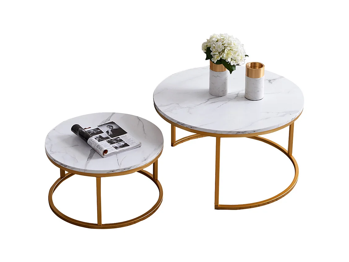 Table Basse Blanche avec Cadre doré, Coffee Table 2 pièces, Table Basse Ronde Blanche Moderne, Table Gigogne Ronde avec Effet marbre Blanc
